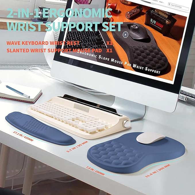 2-in-1 Ergonomic Set, Wave Rise Keyboard Wrist Rest and Massage Bulge Slope Mouse Pad Wrist Support, Cushion Memory Foam Integrated to Relieve Wrist Pain, Dark Blue