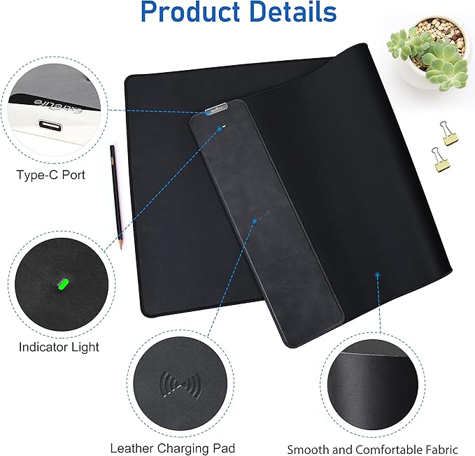 Mouse Pad with Wireless Charging, Gaming Mousepad, 31.5"x15.7" Extra Large Desk Mat XXL, Non-Slip Rubber Base, Waterproof Computer Keyboard Pad for Gaming, Home, Office, Black Desk Pad