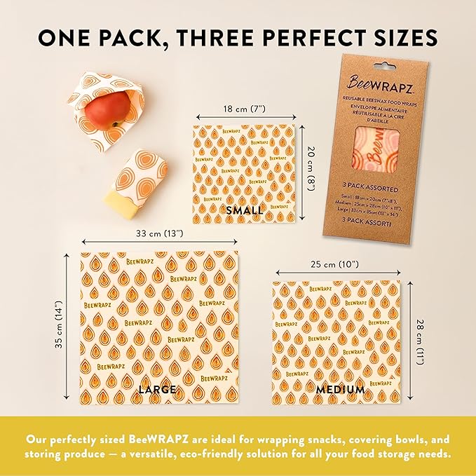 BeeWRAPZ Reusable Beeswax Wraps for Food | Eco Friendly & Organic | Eco-Friendly & Plastic-Free Food Storage | Biodegradable |Pack of 3 Beeswax Food Wraps for Wrapping Fruits & Vegetables (Orange)