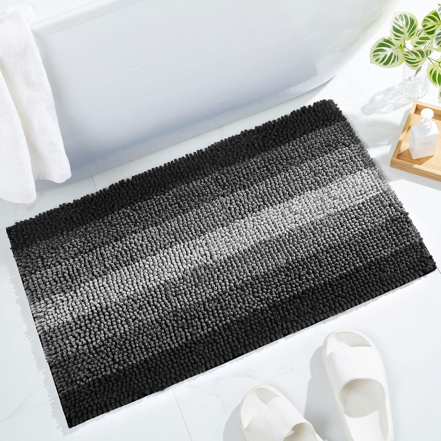 Gibelle Black Bathroom Rug Set 2 Piece, Chenille Non Slip Bath Mat Set, Absorbent Shower Rug and Bath Room Floor Mats, Quick Dry Bathmat Bathroom Decor Accessories for Tub, 16" x 24"