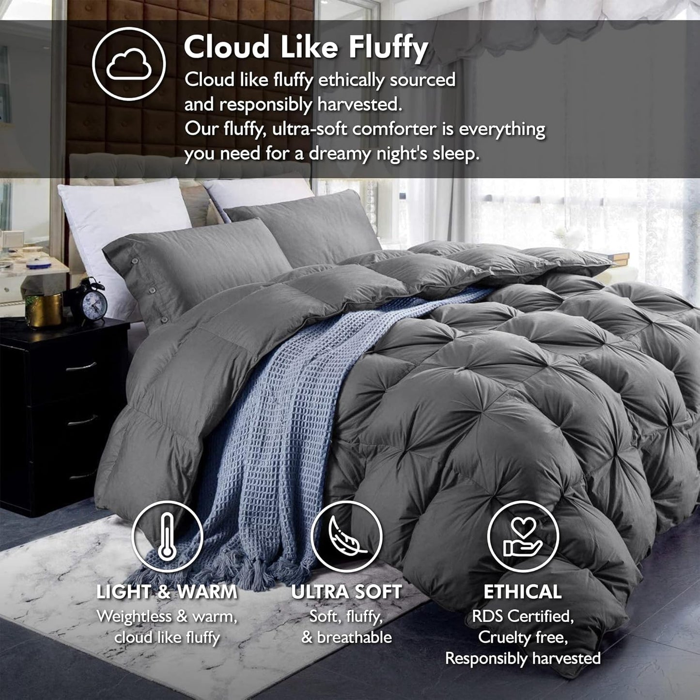Luxurious Goose Down Feather Fiber Comforter Palatial King Size Duvet Insert, Pinch Pleat Ruffled Twisted Flower, 120 x 98 inches, 100% Egyptian Cotton Cover, 85 oz. Fill Weight, Gray