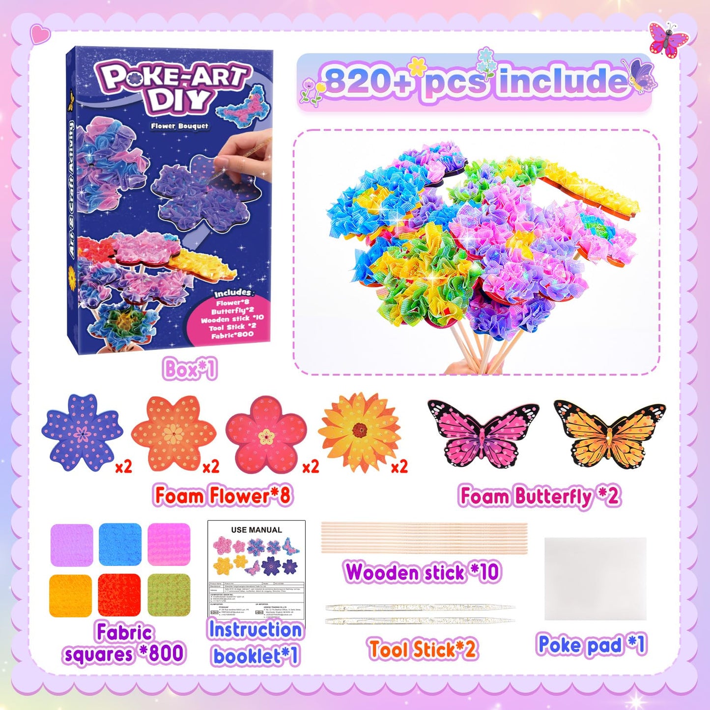 MDINGTD Toys for 4 5 6 7 8+ Year Old Girls, Poke Art Flower Bouquet with 8 Flowers & 2 Butterflies Arts and Crafts for Girls Ages 4-8 DIY Creative Activity Birthday Valentine Gifts Craft Kits