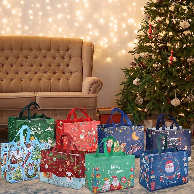 8PCS Christmas Gift Tote Bags with Handles, Multifunctional Non-Woven Bags for Gifts Wrapping Shopping, Xmas Party Supplies