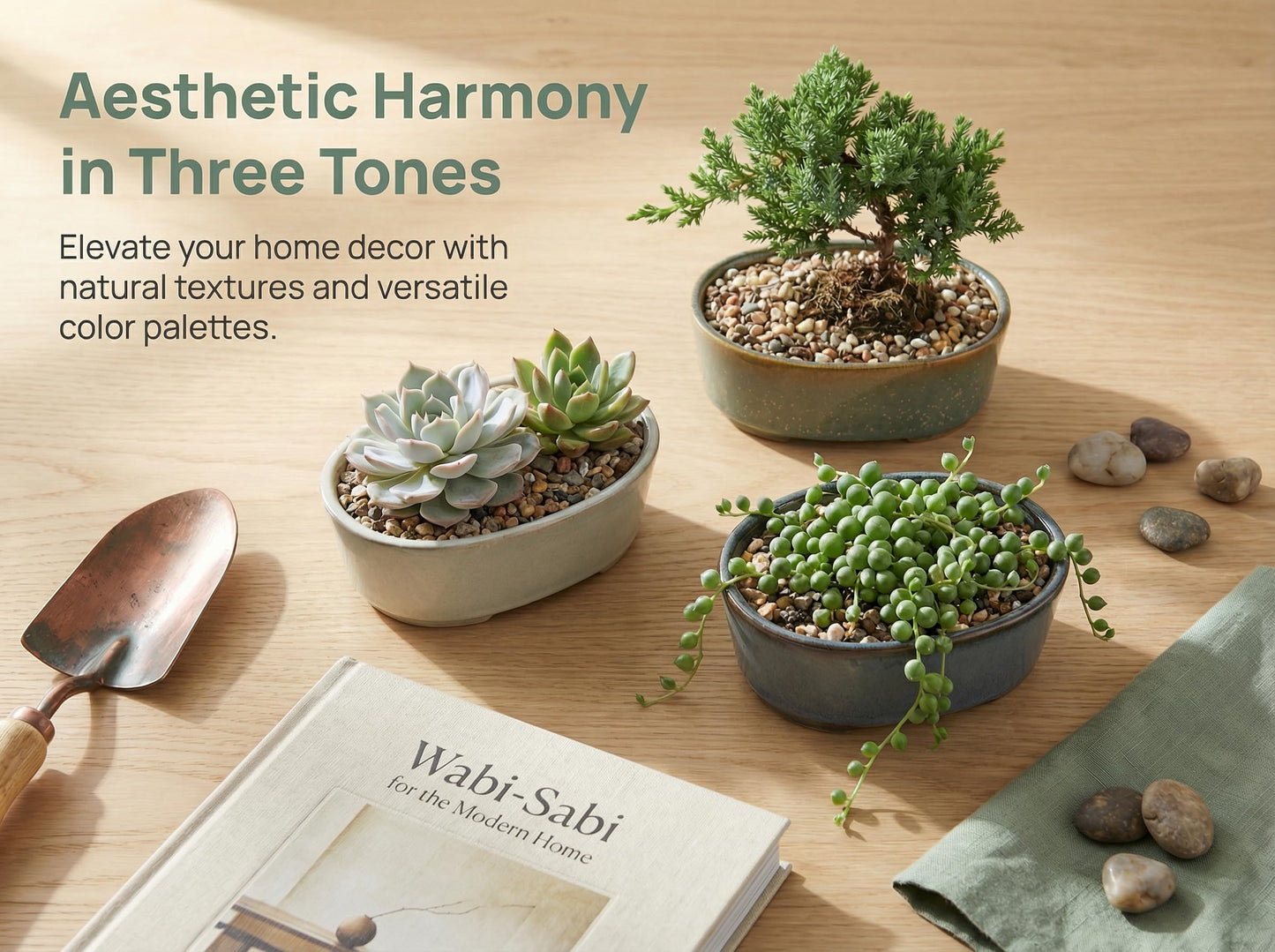 krayce Serenya 6.3 Inch Ceramic Bonsai Pots with Drainage Trays, 3 Pack Shallow Kiln Glazed Planters for Succulents & Bonsai, Indoor Outdoor Decor for Beginners