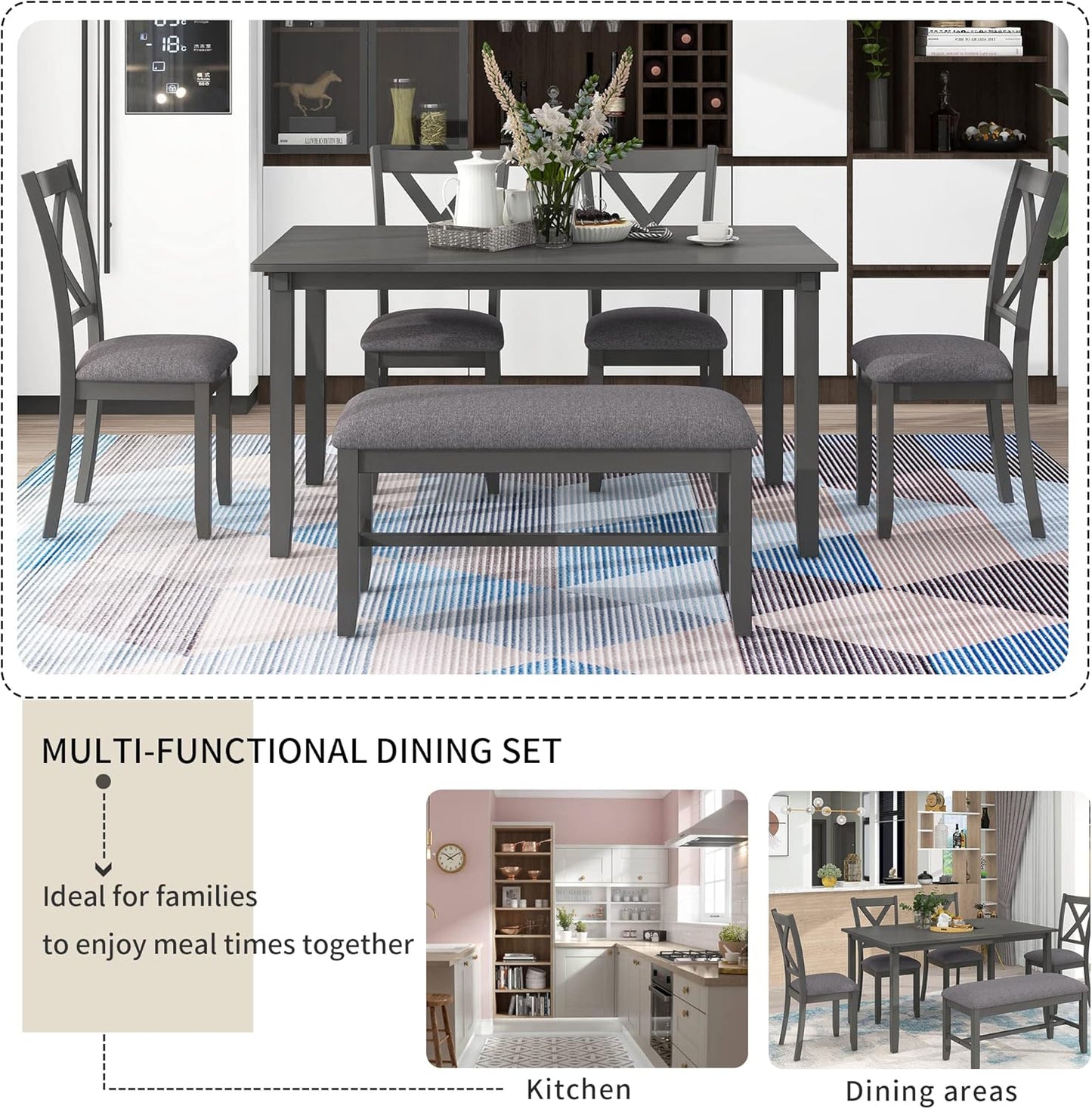 SogesPower 6-Piece Kitchen Dining Table Set for 4-6,Rectangular Dining Table with 4 Fabric Chairs & 1 Bench for Dining Room Living Room,Gray