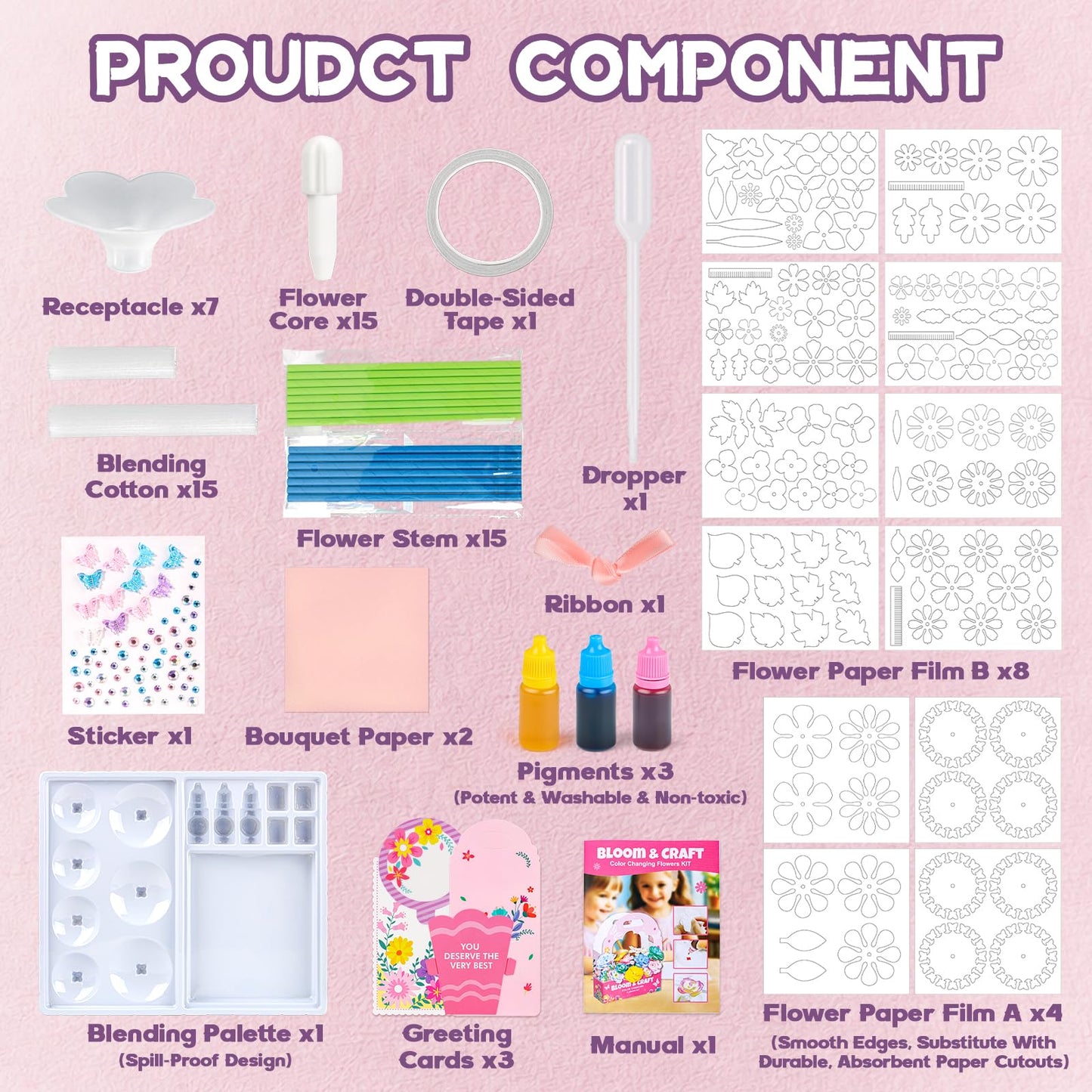 SOCBTNSO Paper Flower Crafts Kit for Kids, Bloomjoy Magic Petal Arts and Crafts Color Science, DIY Bouquet Maker, Flower Making Kit for Girls Age 6 7 8 9 10 11 12, Gifts for Mother Grandma Daughter