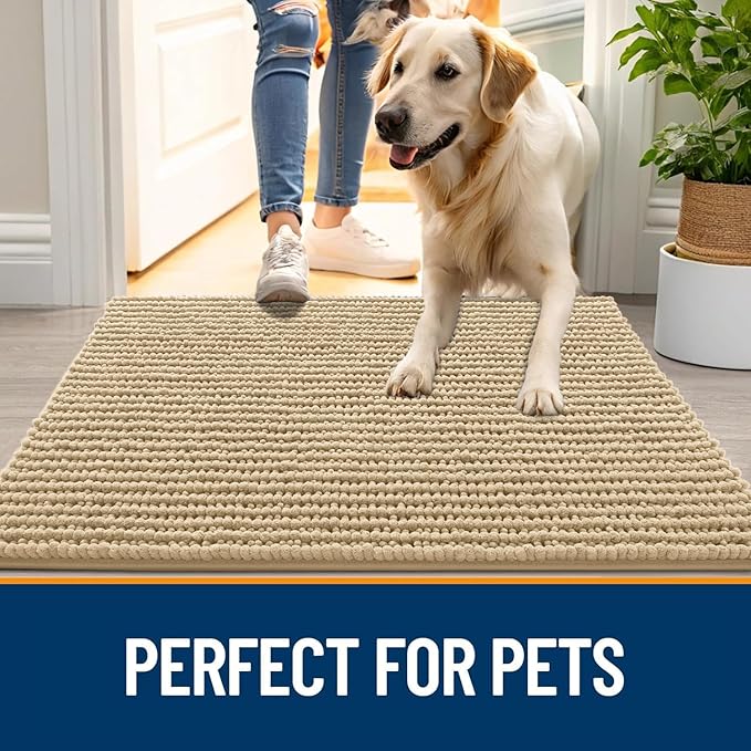 OLANLY Dog Door Mat for Muddy Paws 70x24, Ultra Absorbent Chenille Mud Doormat, Non-Slip Washable and Dirt Trapping Doormat for Indoor Entryway, Quick-Dry Indoor Pet Bed Mats for Dogs, Beige