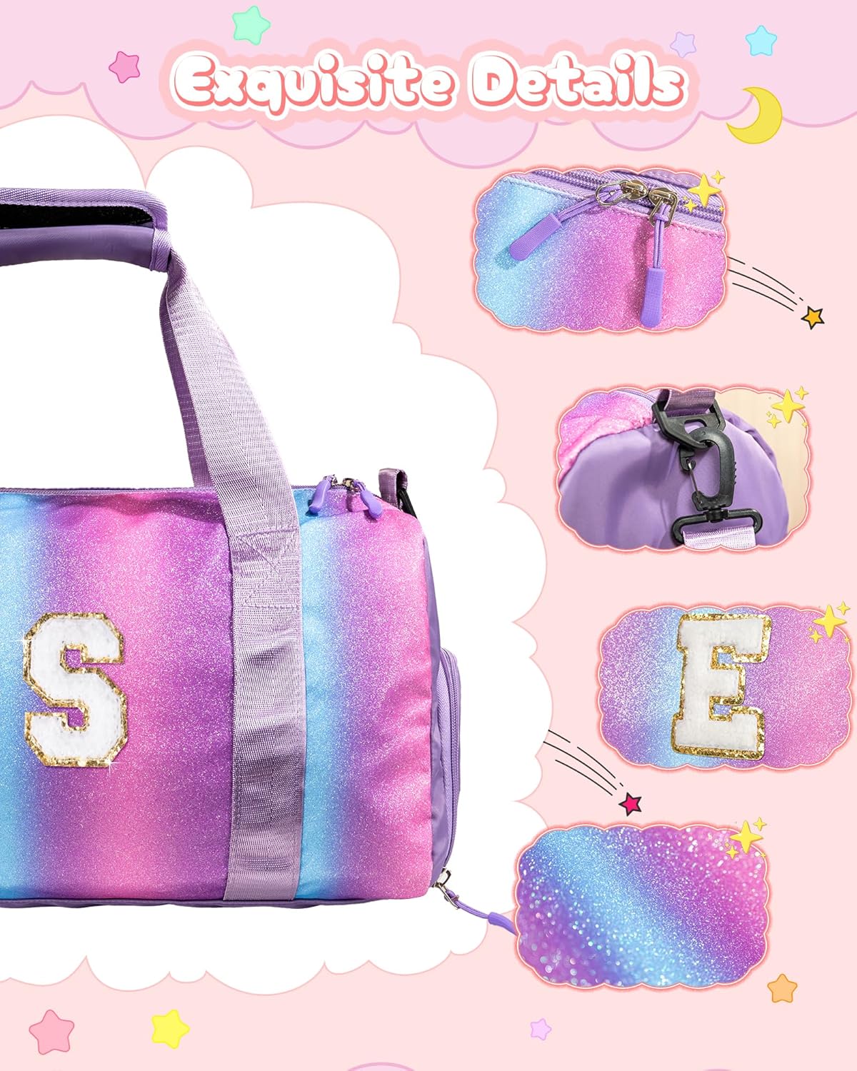 Gifts for 4 5 6 7 8 9 10 11 Year Old Girls-Girl Gym Bag with Shoe Compartment, Kid Personalized Weekender Bymnastic Bags, Initial Travel Tote with Makeup Pouch, Dance Bag Gift (Letter A)