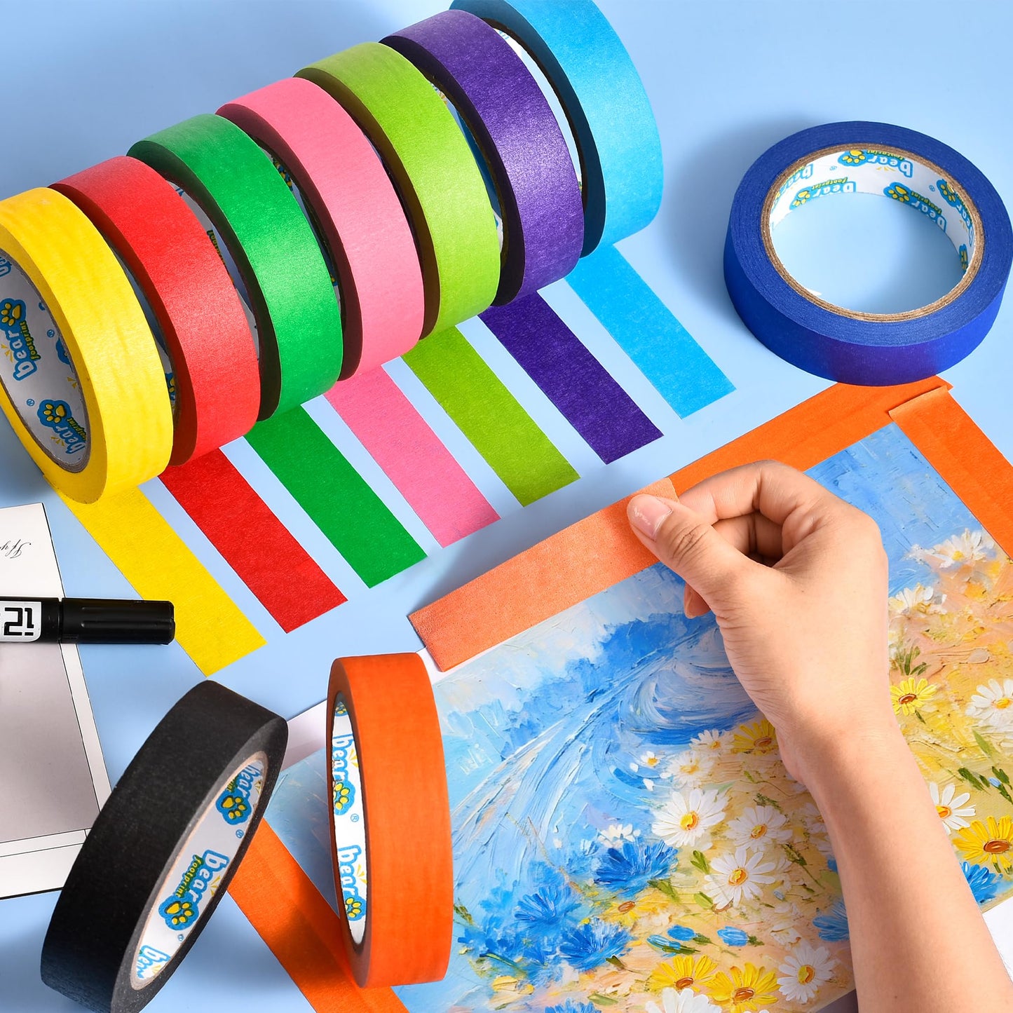 BEAR FOOTPRINT 10 Rolls Colored Masking Tape Set, Writeable Painters Tape Refills, 1 Inch Wide, 300 Yards Total, Easy to Remove & Leaves No Residue, Ideal for Arts and Crafts & School Supplies