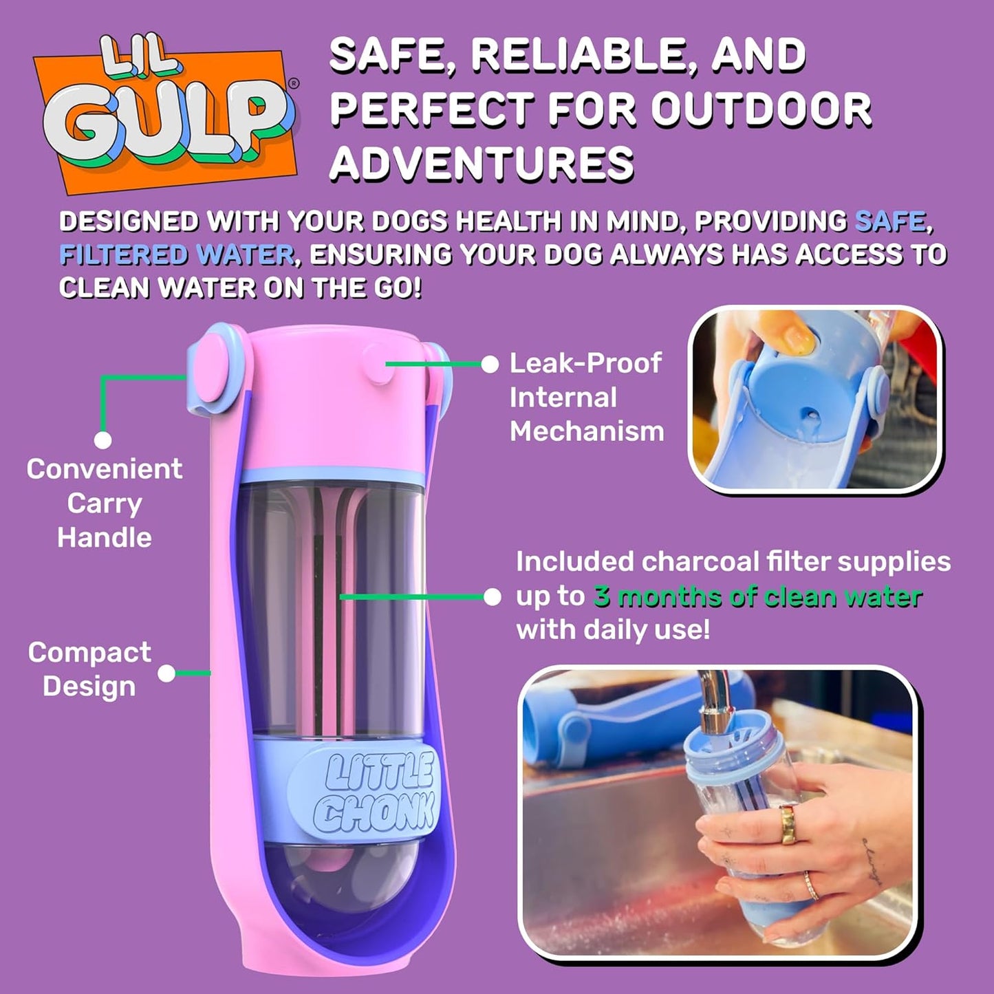 Lil Gulp Dog Water Bottle | Advanced Carbon Filtration for Safe Filtered Water on The Go | BPA-Free Leak-Proof Portable Dog Travel Water Bottle with Retractable Water Spout, 15 Fl oz - Power Punch