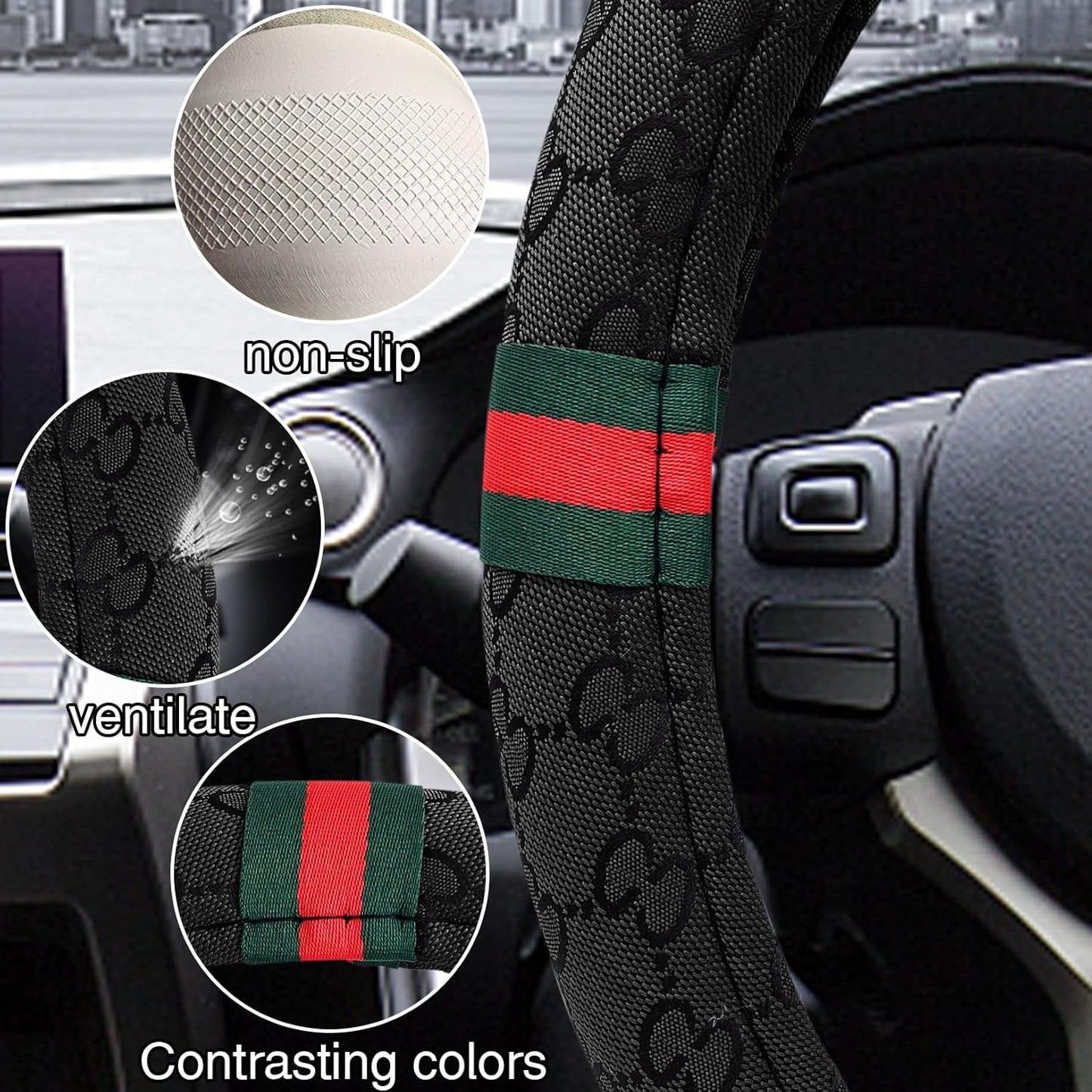 5PCS Steering Wheel Cover, with 2 Headrests, 2 Seat Belt Covers - Universal Fit for 14.5-15" Steering Wheel, Enhances Driving Experience - Perfect for Women (Black)