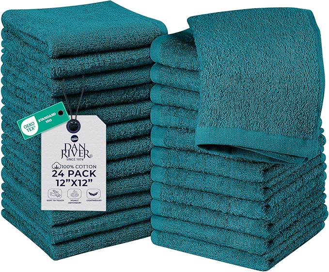 DAN RIVER 24 Pack Wash Cloths for Showering [12x12] - 100% Cotton Washcloths Premium Quality Flannel Face Cloths for Bathroom, Highly Absorbent and Soft Feel Wash Clothes, Teal