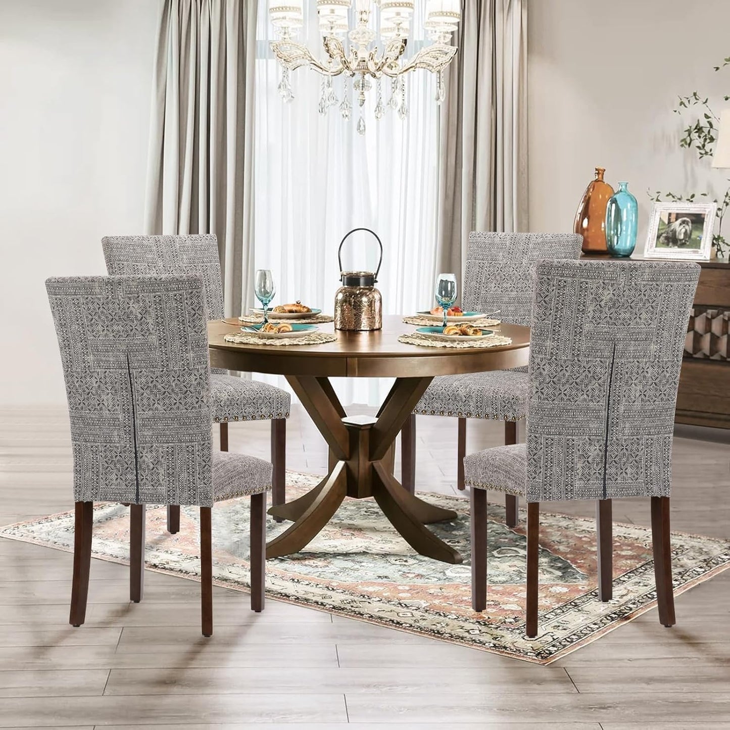 Parsons Dining Chairs Set of 6, Upholstered Nailhead Dining Room Kitchen Side Chair with Thick Cushions and Wood Legs, Black/White