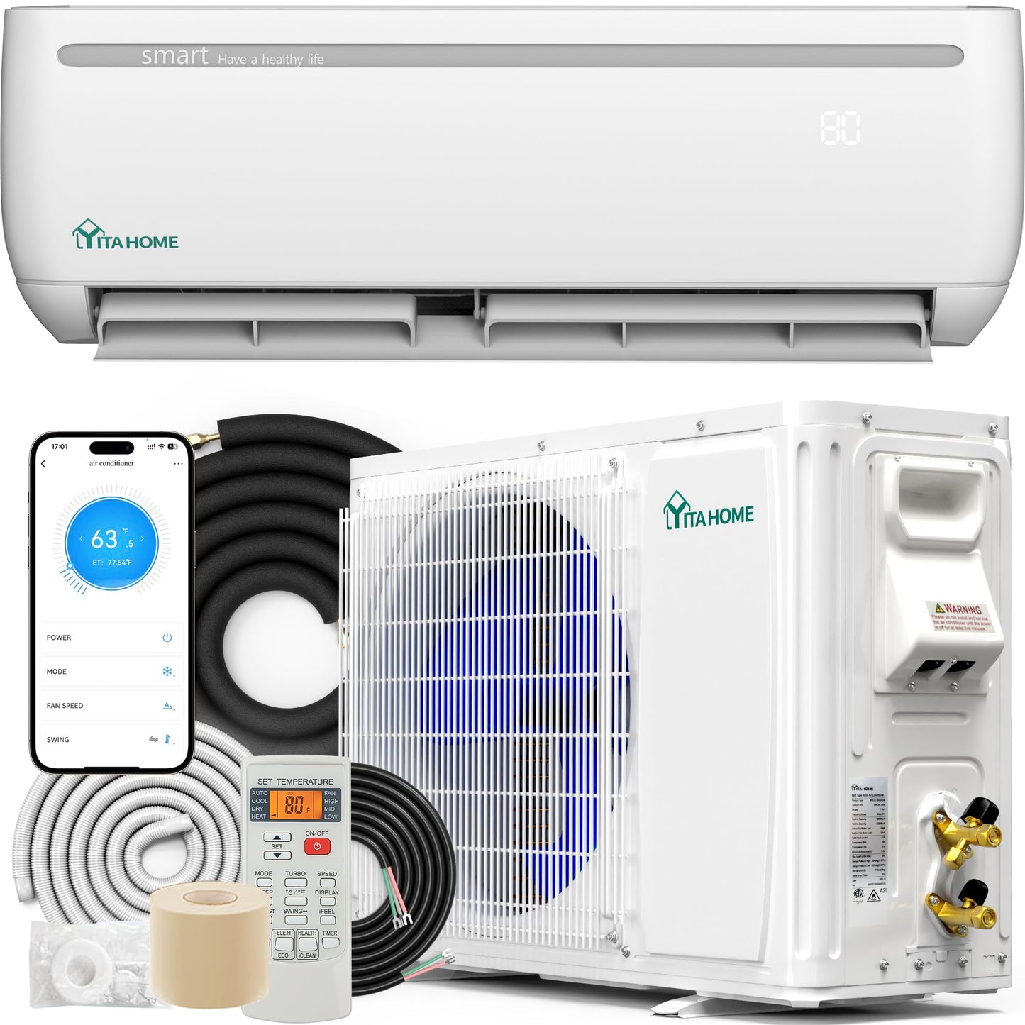 YITAHOME 18000 BTU Mini Split Air Conditioner Heat Pump System, Wifi Enabled 19 SEER2 208-230V Inverter Ductless AC Cool Up to 1