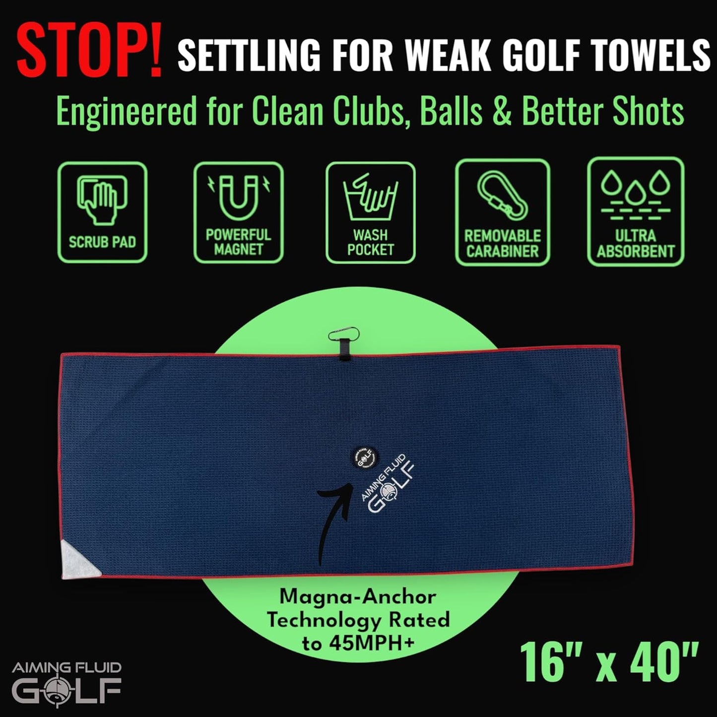 Magnetic Golf Towel with Premium Strong Magnet for Golfing Carts, Clubs & Bags - Ultra-Absorbent Waffle Weave Design - Versatile Accessory Blue, 16" x 40" The 40