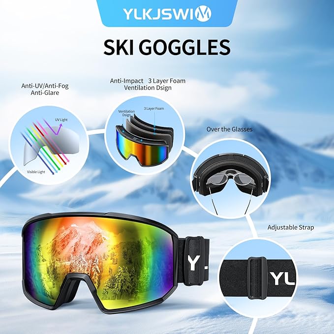 Ski Goggles for Men Women, OTG Snow Goggles, UV Protection Snowboard Goggles for Adult & Youth, Snowmobile, Sledding