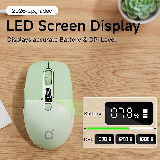 EWEADN Q1 Wireless Mouse, BT & 2.4G Silent Mouse Quiet Click with 1600 DPI Levels, Battery & DPI LED Screen Display, 6 Button Small Portable Bluetooth Mouse for Laptop/PC/Mac-Green