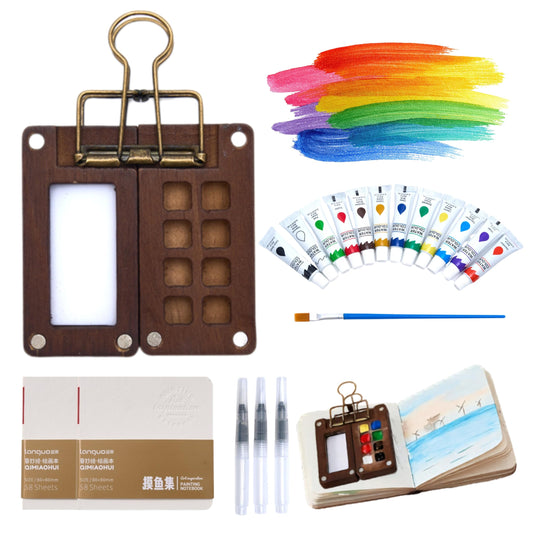 CANHAKELA Mini Watercolor Set - 4 Brush, 2 Sketchbook & Portable Watercolor Kit for Travel, Pocket Painting Kit - Compact Design for Artists and Creative Sketching