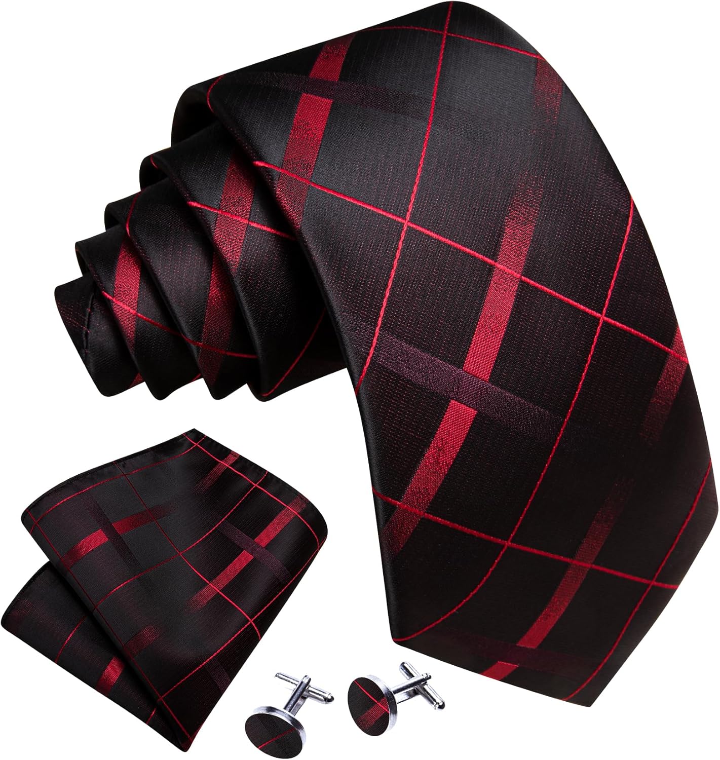 Barry.Wang Designer Classic Ties for Men Set Formal Pocket Square Cufflink Check Plaid