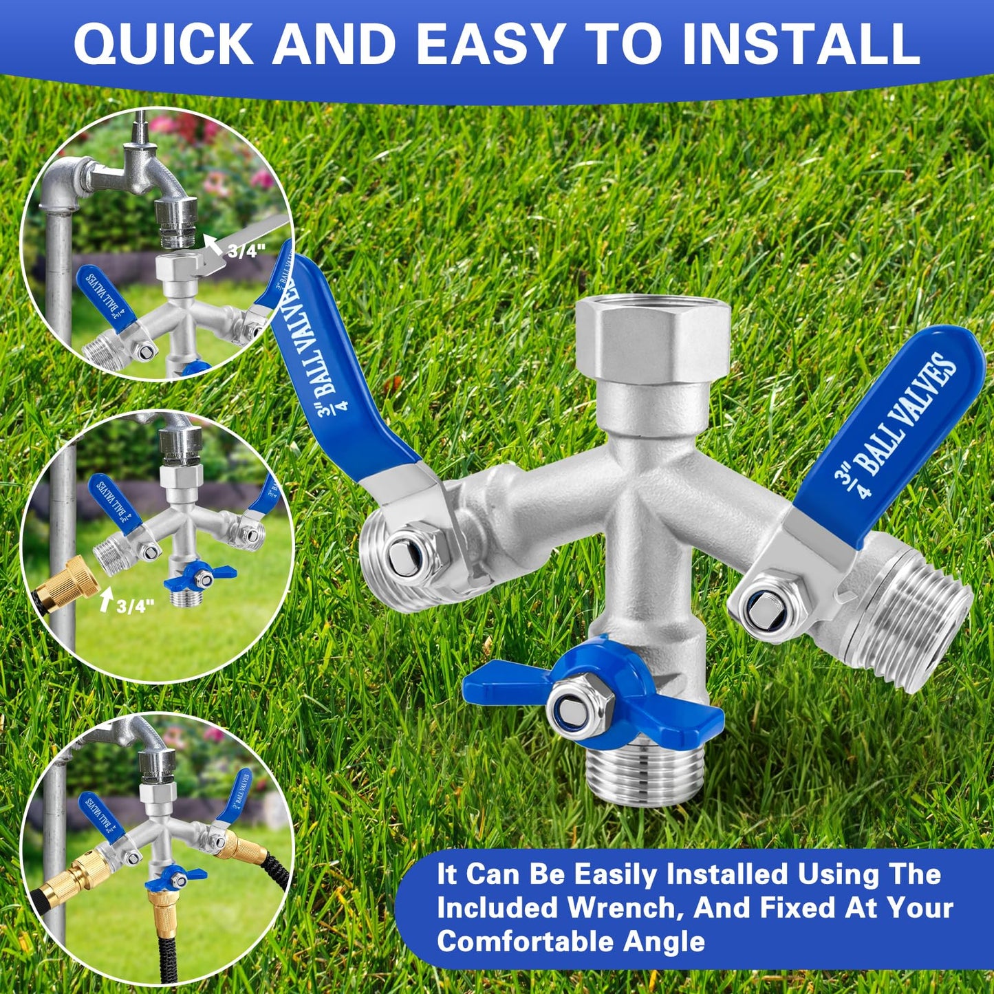 Garden Hose Splitter 3 Way, Heavy Duty 304 Stainless Steel Hose Splitter with Shut-off Valves, Full Flow Garden Water Hose Bib Spigot Splitter, 3/4'' GHT Thread Outdoor Faucet Splitter