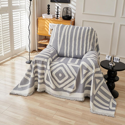 STACYPIK Durable Chenille Gray Beige Sofa Cover Boho Triangle Slipcover Furniture Protector Washable Armchair Couch Cover for 2 Cushion Couch Non-Slip Jacquard Sofa Protector Pet Friendly-71X90IN