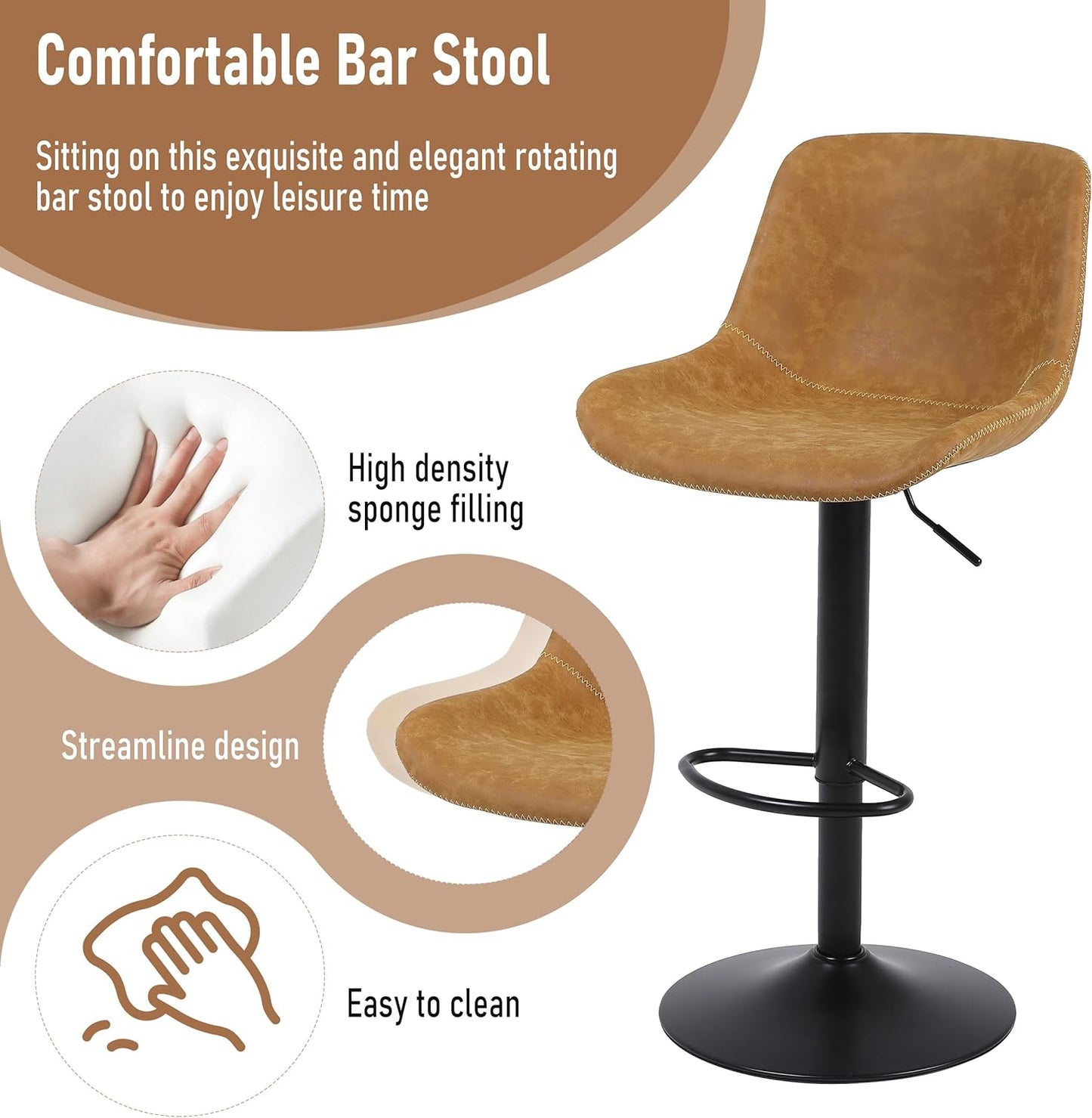Bar Stools, Swivel Counter Height Barstools with Back, Adjustable Modern Bar Chairs, Tall Armless PU Leather Kitchen Island Stool (Yellow, Set of 2)
