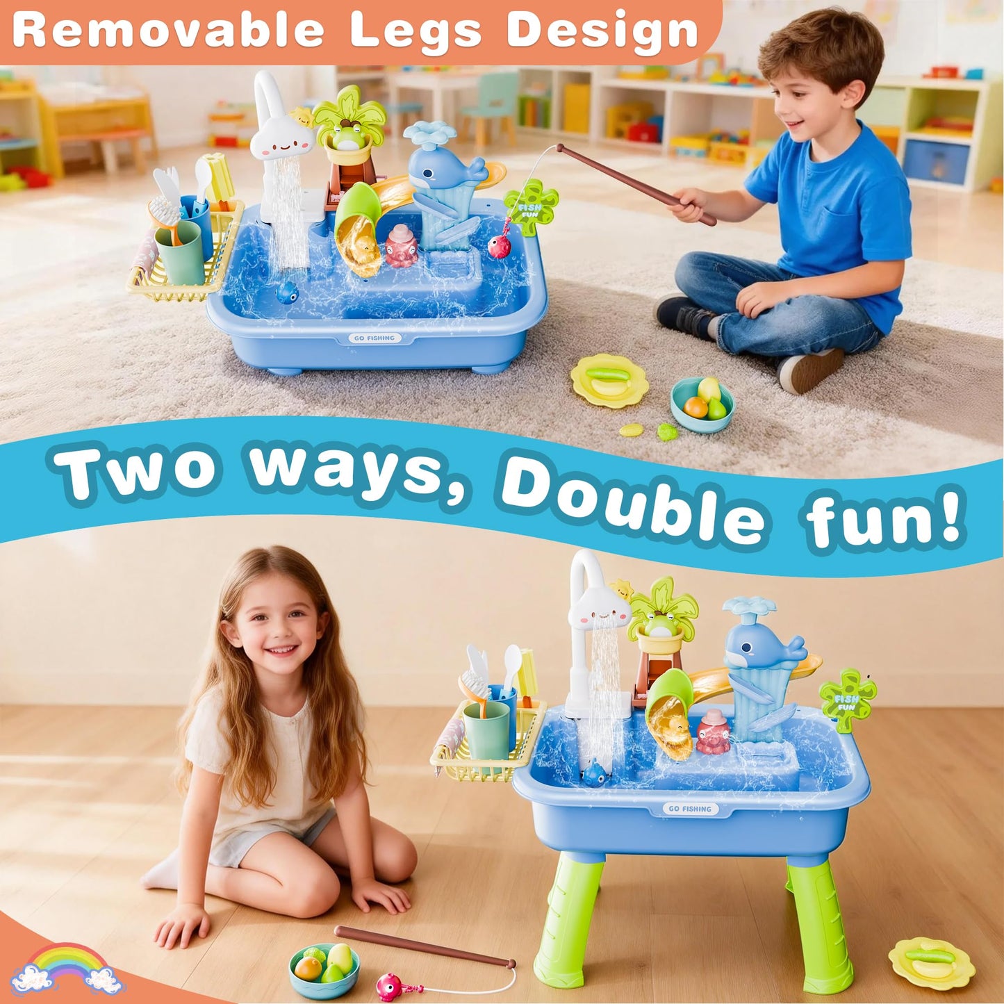 Cosminy 2026 Upgraded Water Table for Toddlers 3+, Water Table for Kids Ages 4-8 with Pump, Play Sink with Running Water, Kitchen Sink for Toddlers, Fishing Game and Outside Sensory Toys (Blue)