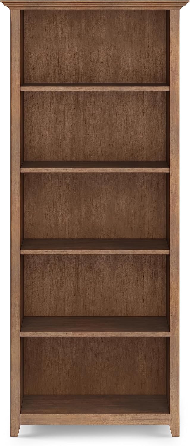 SIMPLIHOME Amherst Bookcase - 70 inch Tall 5-Shelf Solid Wood Bookshelf in Rustic Natural Aged Brown, Transitional Storage for Living Room, Study or Office with Adjustable Shelves and Tapered Legs