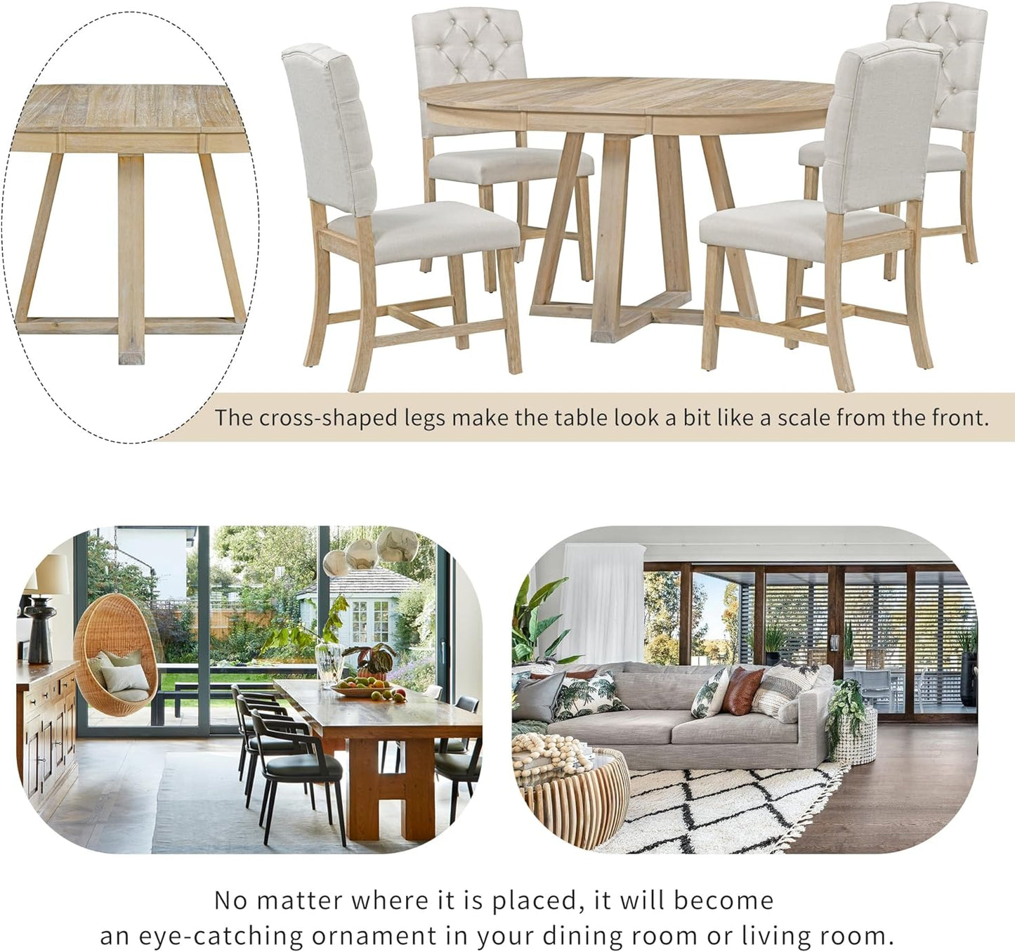 5 Pieces Dining Table Set with 42" Table,Living Room Furniture W/ 4 Upholstered Chairs,Tabletop Can be Adjusted from Round to Oval in Shape,for Restaurant,Home Bistro,Natural
