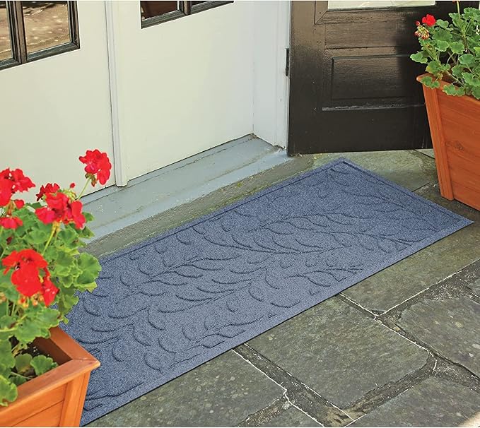 WaterHog Welcome Mat for Indoor/Outdoor, 2’ x 5’, Made in USA, Durable & Water-Resistant, Dirt Trapping Mat, Decorative Front Door and Entryway Rug, Brittney Leaf Design, Bluestone