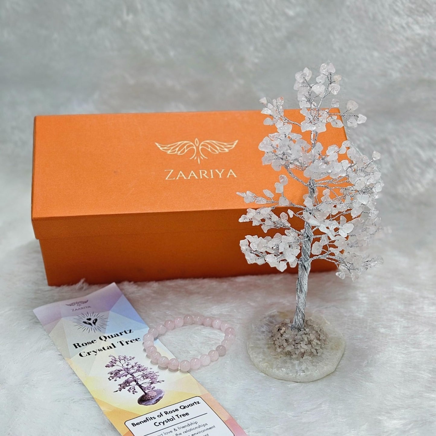 ZAARIYA Rose Quartz Crystal Tree with Bracelet for Home Decor, Healing, Spiritual Gifting, Room Decor, New Year & Good Luck Gifting | Made from Genuine Crystal Stones (9 x 3 Inches)
