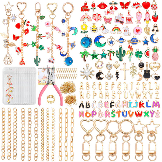 Riwiuue 352Pcs Lip Gloss Keychain Making Kit, DIY Charms Key Chain Making Kit with Bag Charm Supplies, Pendant, Jump Ring, Crab Clip, Pliers, Gift Bag & Tools for Mother's Day Party Gifts