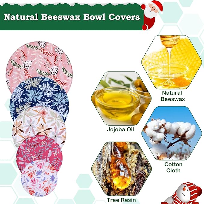 5-Size Beeswax Bowl Covers for Bread Proofing, Reusable Cotton Cloth Bowl Covers, Flexible Beeswax Wraps for Food Storage Christmas Holiday Kitchen Decor(Pinecones)