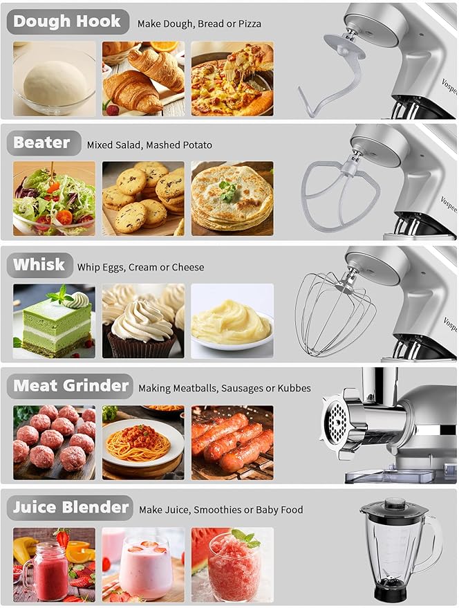 Stand Mixer 9 IN 1, 850W Tilt-Head Multifunctional Electric Mixer with 8 QT Stainless Steel Bowl, 1.5L Glass Jar, Meat Grinder, Hook, Whisk, Beater Dishwasher Safe (Silvery)
