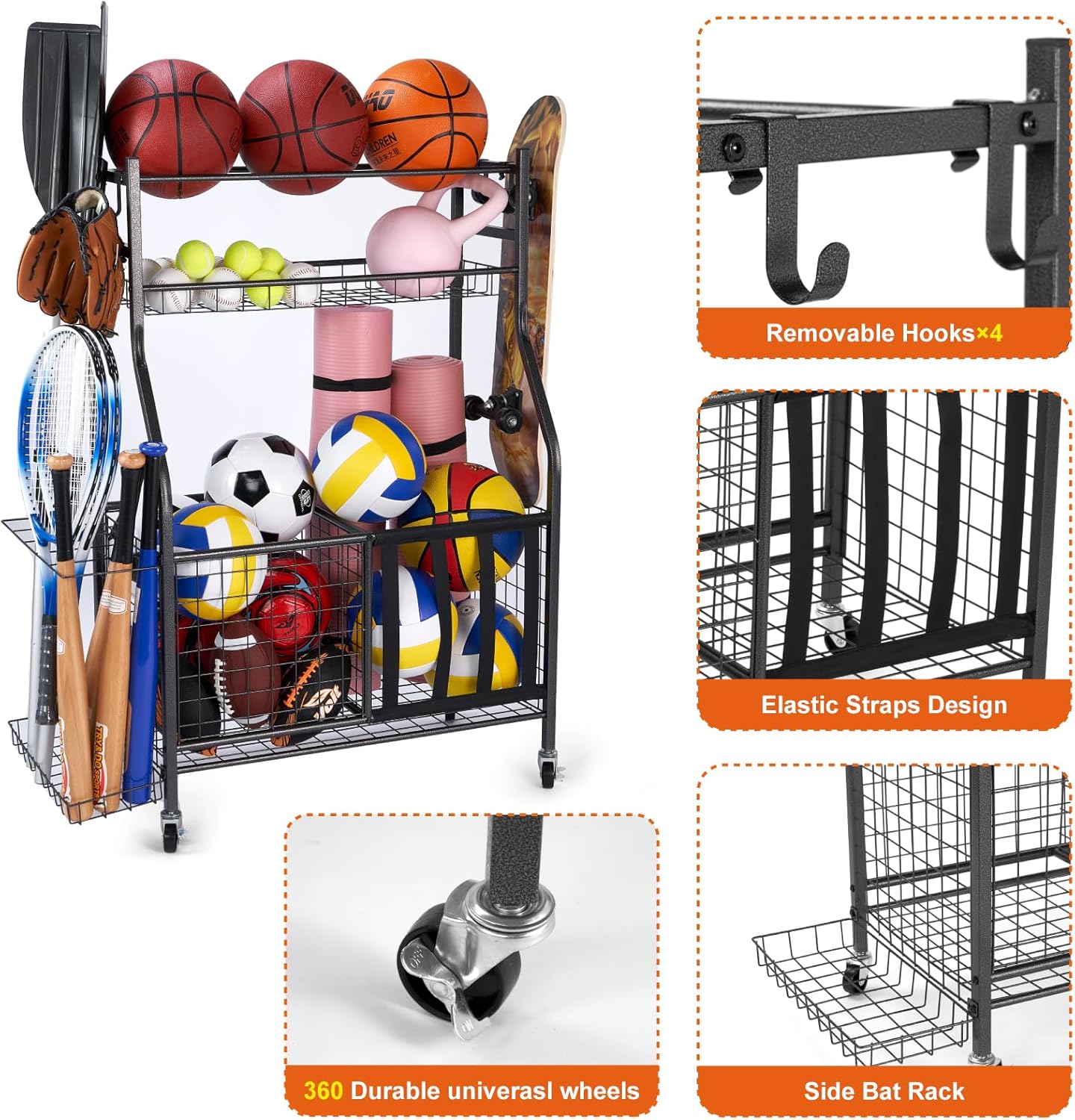 Sinoer Garage Organizer for Sports Equipment - Includes Hooks & Ball Storage Rack, Fits Golf Clubs, Bats, Basketball, Football, Soccer + Toy Storage, Space-Saving Desig