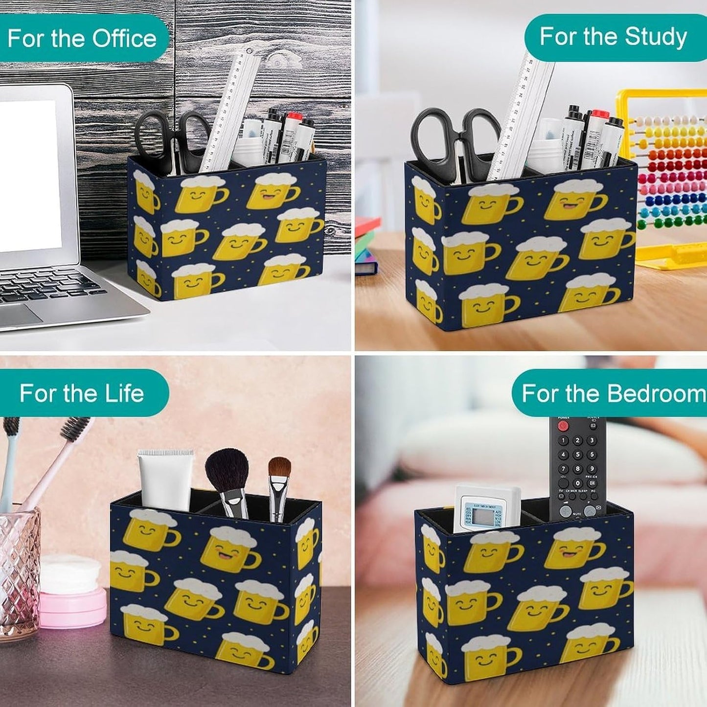 Beer Mugs Pattern Lether Pen Holder for Desk Makeup Brush Holder Office Organizer Desk Accessory for School Office