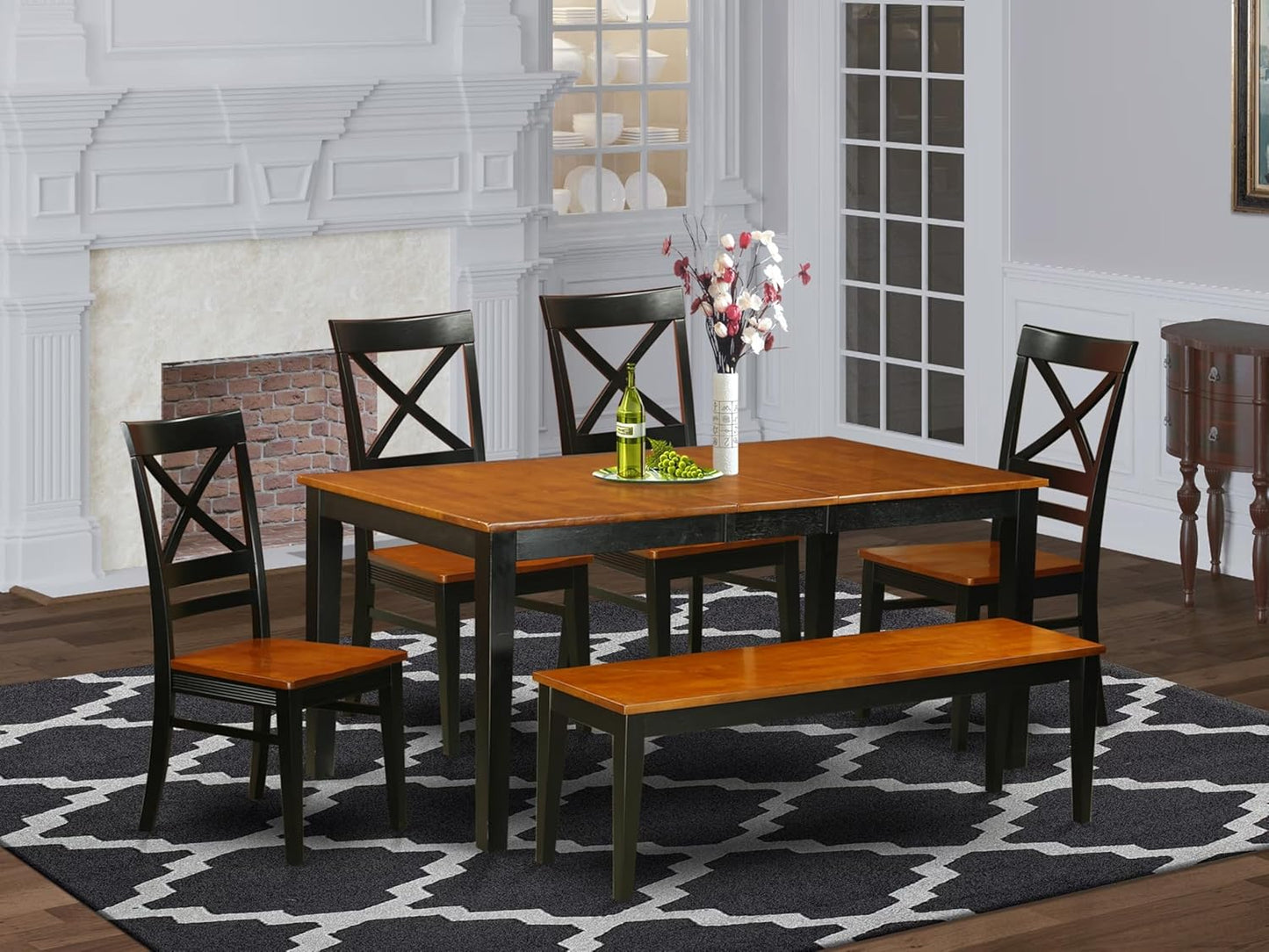 East West Furniture NIQU6-BCH-W 6 Piece Dining Room Table Set Contains a Rectangle Kitchen Table with Butterfly Leaf and 4 Dining Chairs with a Bench, 36x66 Inch, Black & Cherry