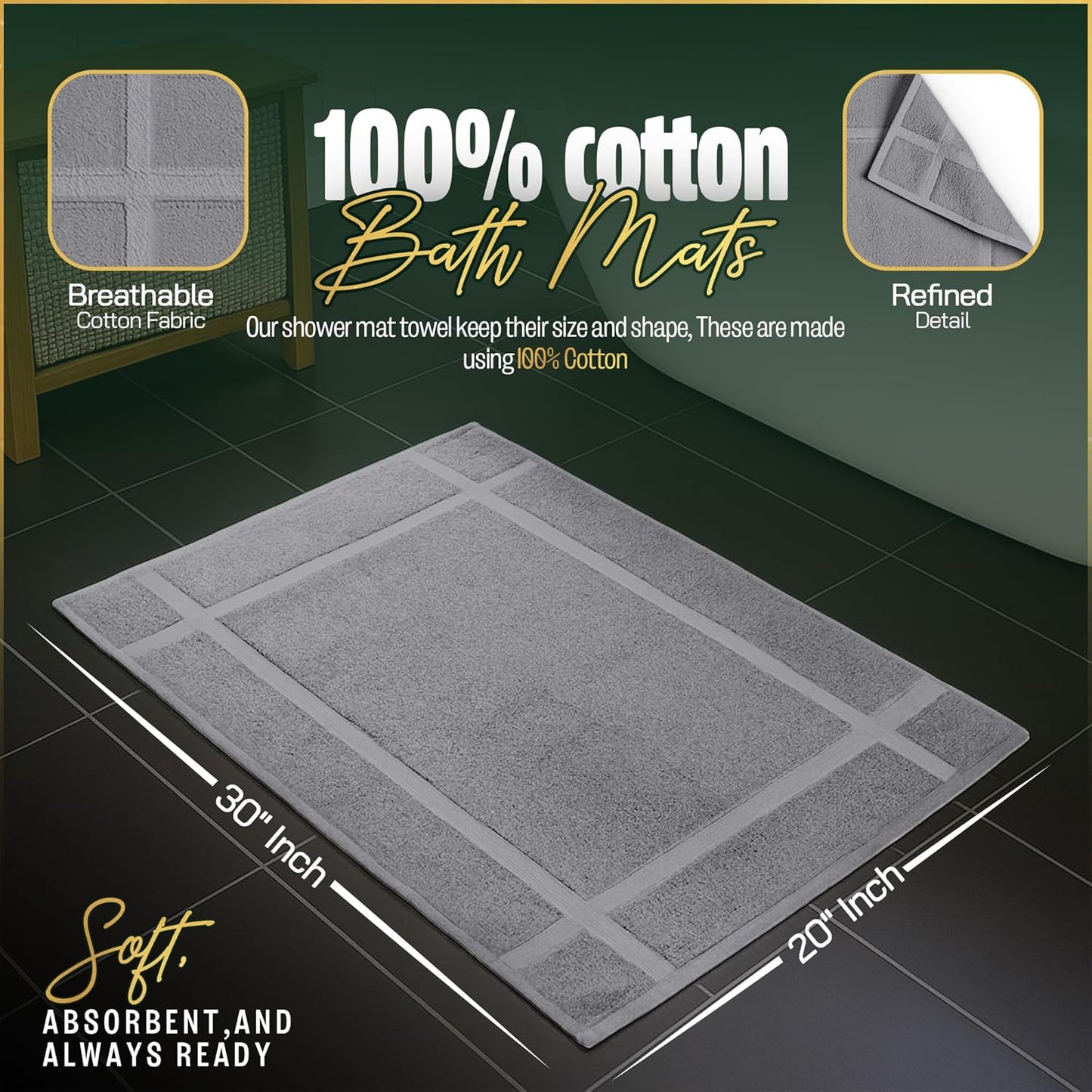 Pearl Linens Pack of 12 Washable Cotton Bath Mat 20x30 - Soft & Absorbent Quick Dry Bathroom Mat Set, Not Bathroom Rugs After Shower Mat, Terry Bath Tub Mat, 687 GSM Light Grey