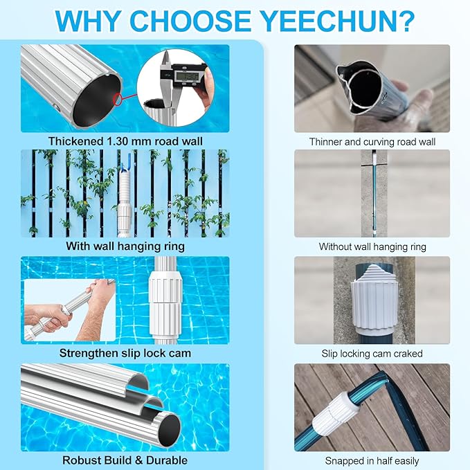 YEECHUN Professional 16.5 Foot Swimming Pool Pole Telescopic Heavy Duty Aluminum, Adjustable Length 6.5 to 16.5 Feet, Universal Pole for Skimmer Net Rake, Hooks, Vacuum Heads and Brushes