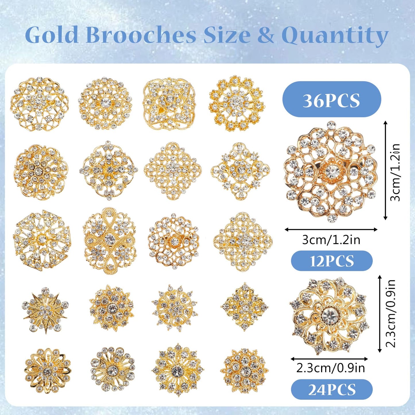 Gold Bouquet Pins Set, 36 PCS Rhinestone Flower Brooches & 100 PCS Crystal Stick Pins for Wedding Bouquet, Corsage, Boutonniere, DIY Craft Embellishments, Wedding Decor Supplies