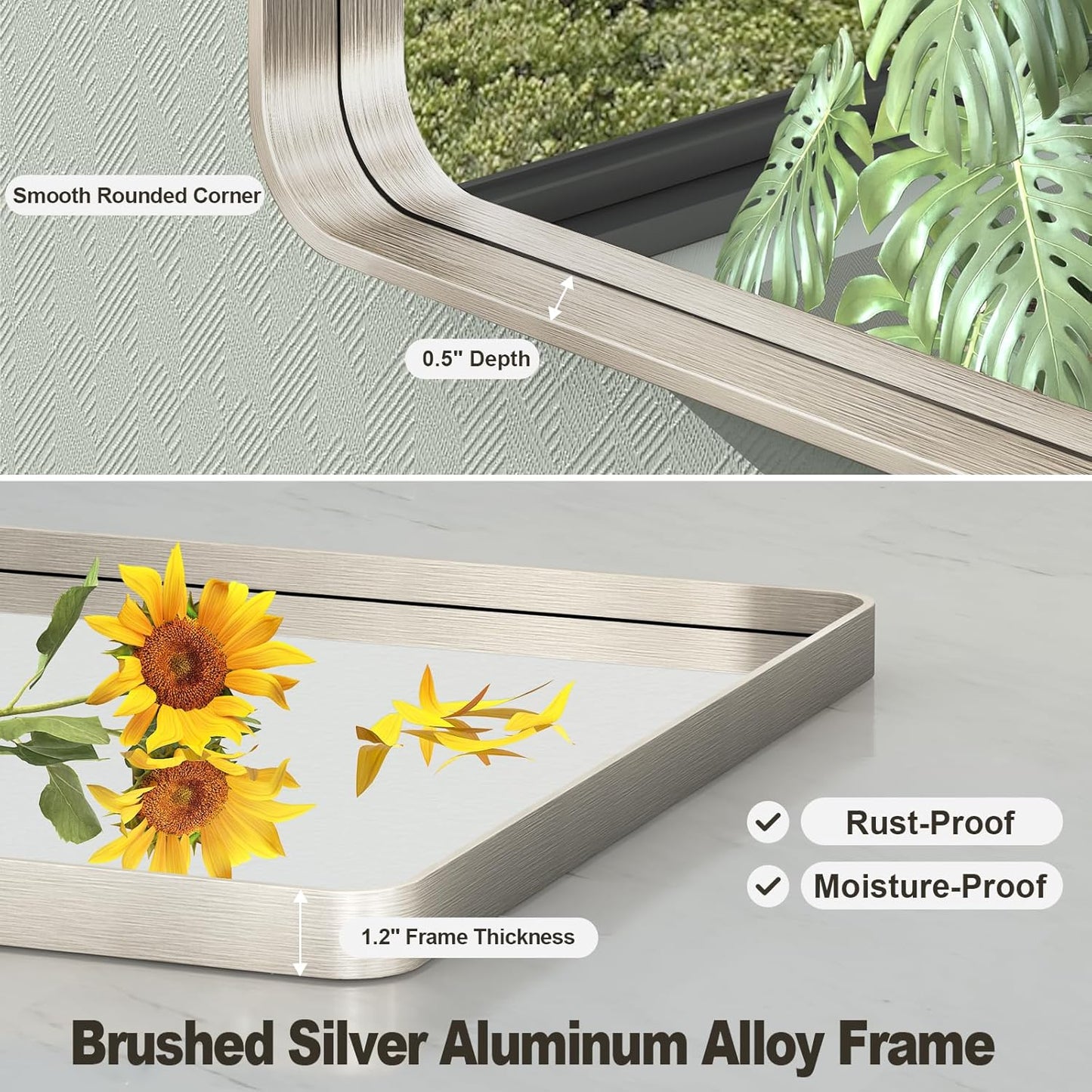 30x36 Inch Brushed Nickel Bathroom Mirror, Brushed Silver Metal Framed Wall Mirror, Rounded Corner Rectangle Modern Vanity Mirror, Tempered Glass, Anti-Rust, Shatterproof (Horizontal/Vertical)