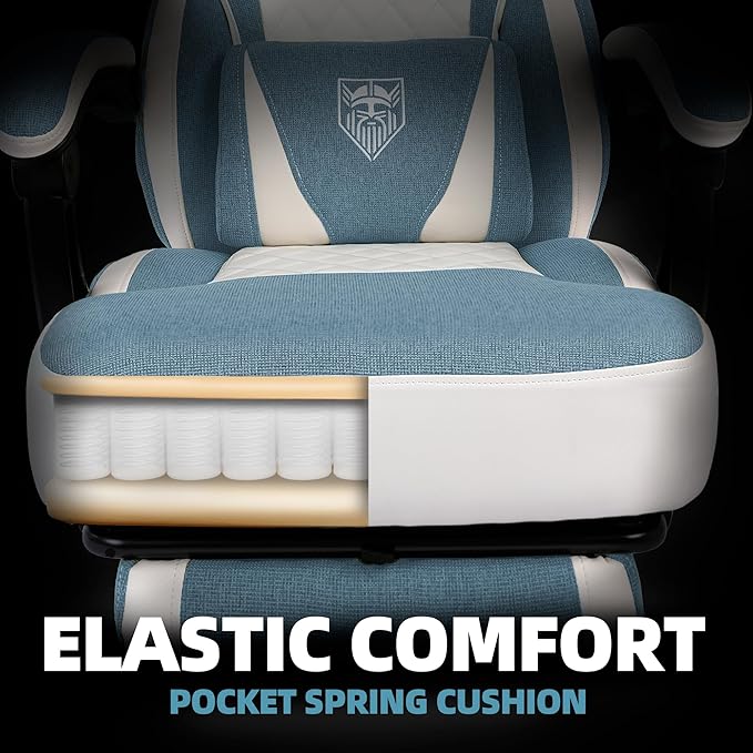 Vonesse Gaming Chair, Reclining Fabric Gaming Chairs for Adults 250LBS, Office Chair with Pocket Spring Cushion, Computer Chair with Footrest and Massage Lumbar Support (Blue)