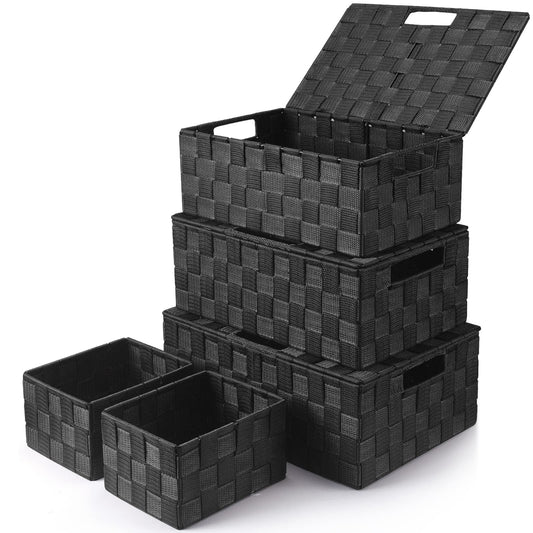 Storage Bins Baskets for Organizing with Lids, Storage Baskets for Shelves Stackable Woven Basket, Gift Small Basket Storage Cubes, Decorative Wicker Basket with Built-in Handles (5 Pack, Black)