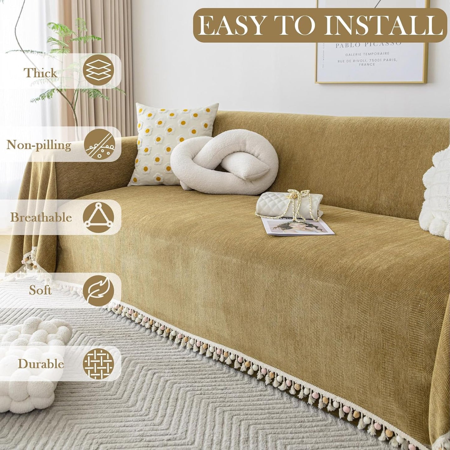 HANDONTIME Couch Covers for Pets Boho Mustard Yellow Love Seat Couch Covers Brown Sofa Cover for Dogs Pet Couch Protector Chenille Tassel Sofa Slipcovers Sofa Throw Cover Boho Decor, 91" X150"