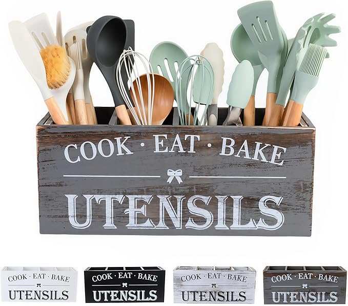 Utensil Holder,Extra Large Wooden Utensil Holder For Kitchen Counter,Cooking Spatula Organizer,Big Storage Caddy With 4 Compartments Flatware Spoon Tool Cutlery(Light Grey)