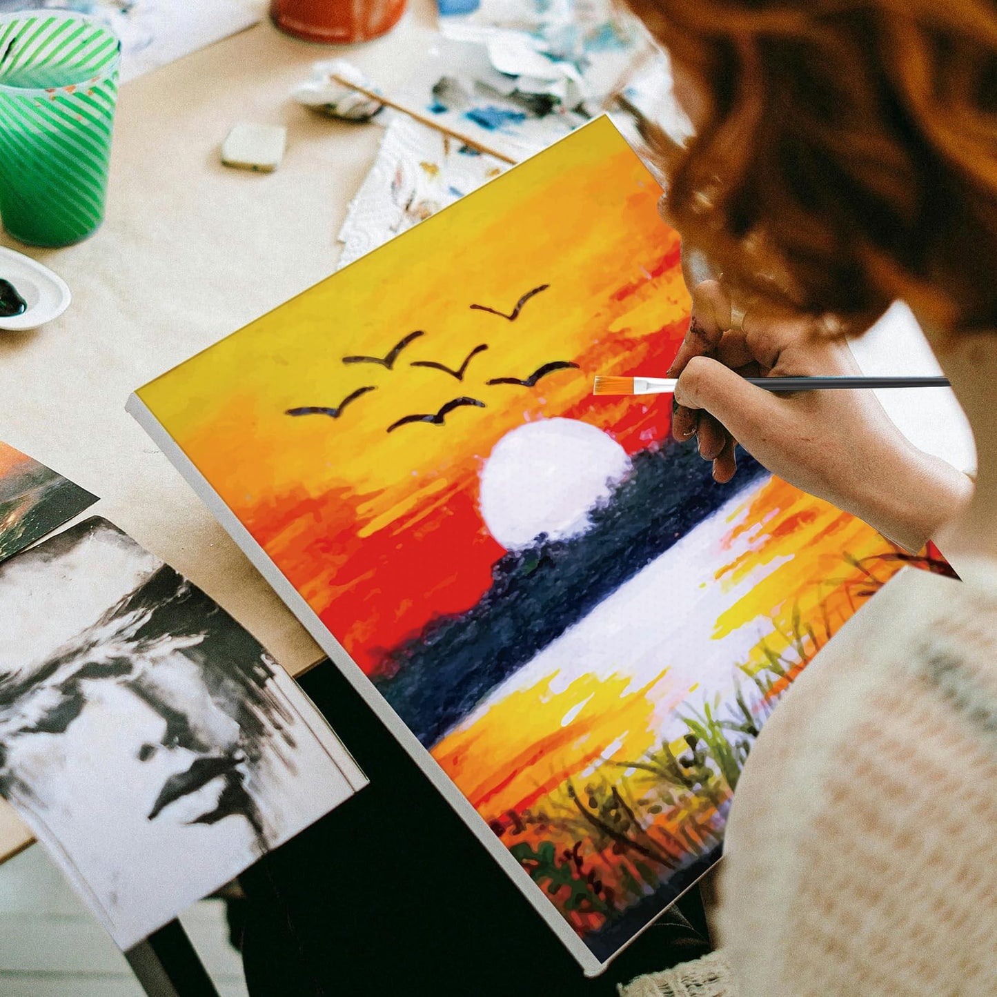 Cholemy 36 Pcs Paint and Sip Kit for Adults 8''x10'' Pre Drawn Canvas for Painting DIY Afro Acrylic Painting Kit Wood Easel Brushes Date Night Bulk for Father's Day Party Gifts(Mountain)