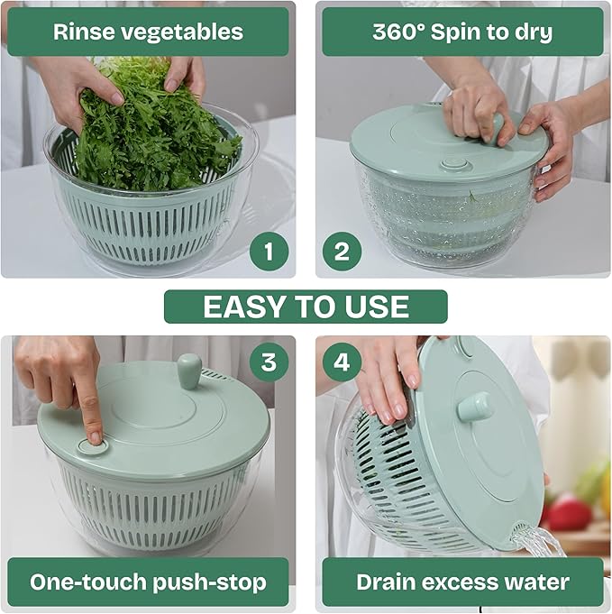 Salad Spinner – Large Capacity Lettuce Spinner Bowl with Locking Lid, Non‑Slip Base & Vegetable/Fruit Washer Dryer, BPA‑Free, Dishwasher Safe (Green)