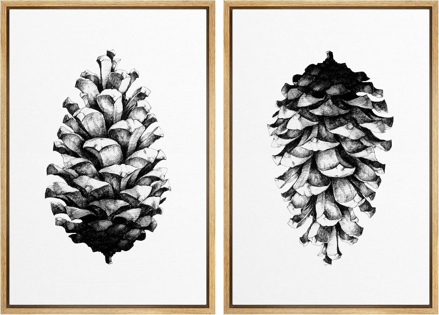 SIGNWIN Framed Canvas Print Wall Art Set Black & White Forest Woodland Pinecone Nature Wilderness Illustrations Modern Art Rustic Relax/Calm for Living Room, Bedroom, Office - 16"x24"x2 Natural