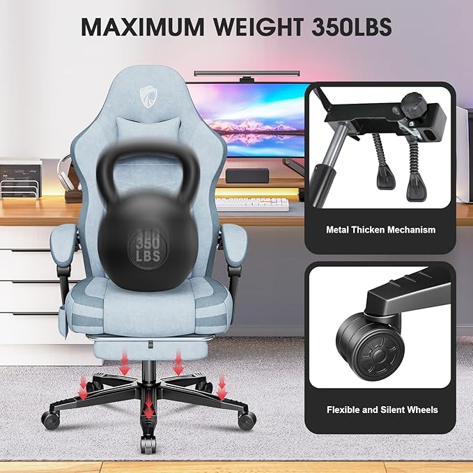Gaming Chair, Fabric Computer Office Chair with Massage, Ergonomic Chair with Footrest Lumbar Support, Pocket Spring Widened Cushion Metal Legs 350LBS Blue