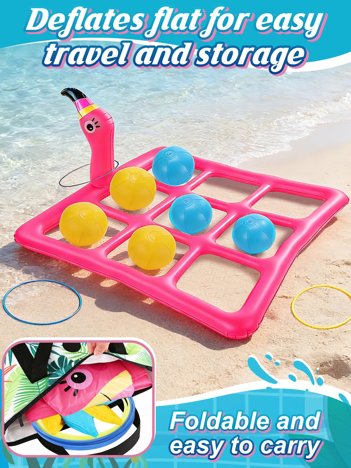 2 in 1 Flamingo Pool Games Toys Set - Inflatable Tic-Tac-Toe & Ring Toss for Family, Adults, Teens, Kids, Outdoor Summer Swimming Pools Party Water Game with 10 Balls & 6 Rings for 2-10 Players